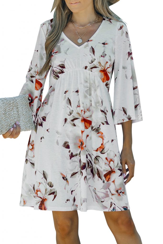 Women’s V Neck 3/4 Sleeve Empire Waist Floral Dress