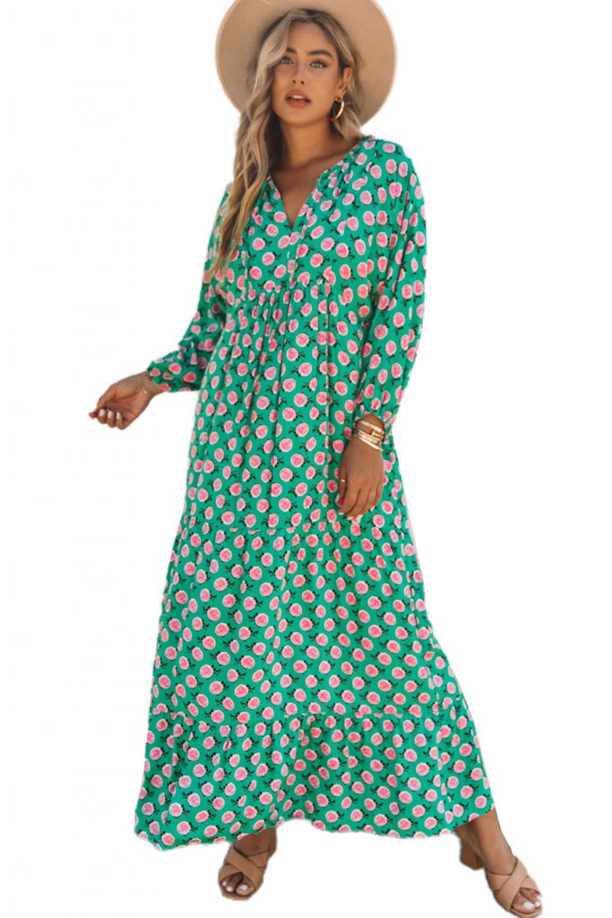 Women’s V Neck Green 3/4 Sleeve Rose Floral Maxi Dress