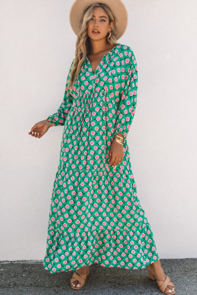 Women’s V Neck Green 3/4 Sleeve Rose Floral Maxi Dress