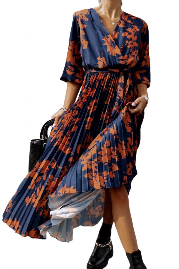 Women’s V Neck Wrap Half Sleeve High Waist Pleated Floral Maxi Dress With Tie