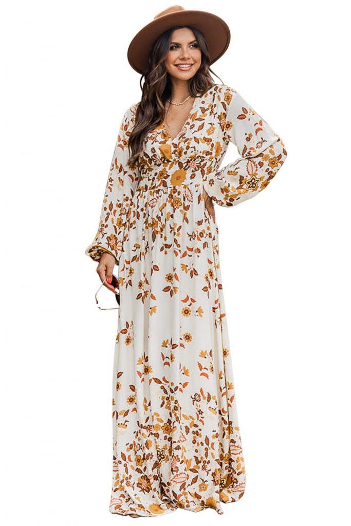 Women’s Yellow Leaf Print V Neck Puff Sleeve Maxi Dress