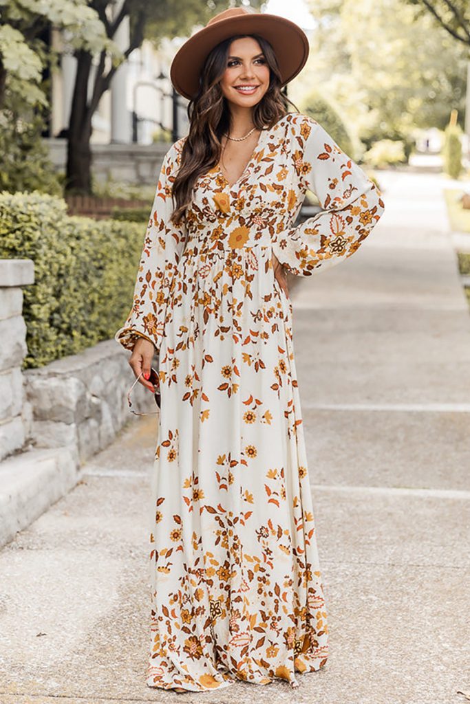 Women’s Yellow Leaf Print V Neck Puff Sleeve Maxi Dress