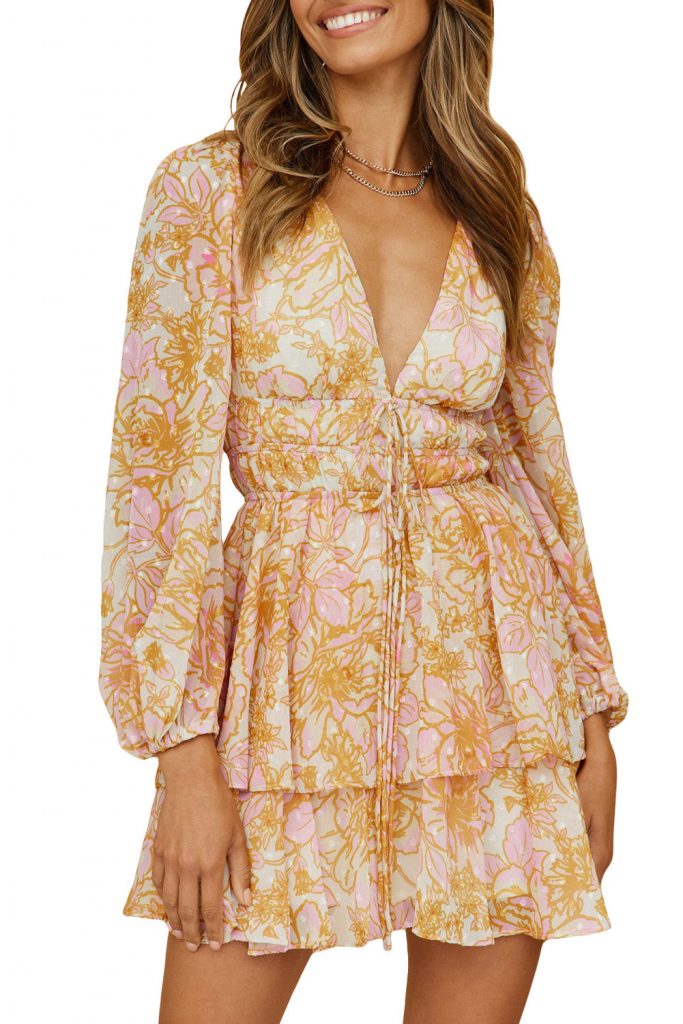 Yellow V Neck Long Sleeve Tiered Floral Dress