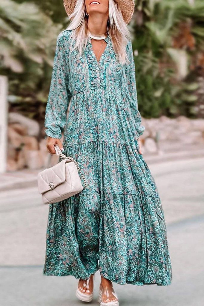 Women’s Bohemian Paisley Print Long Sleeve Tiered Maxi Dress