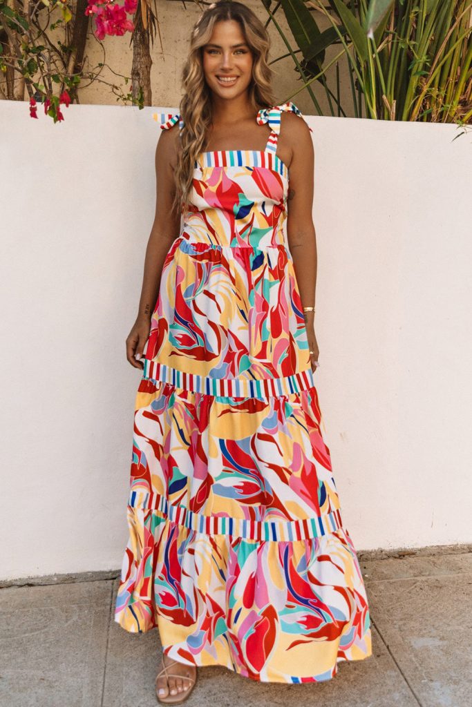 Women’s Abstract Print Striped Trim Maxi Sundress