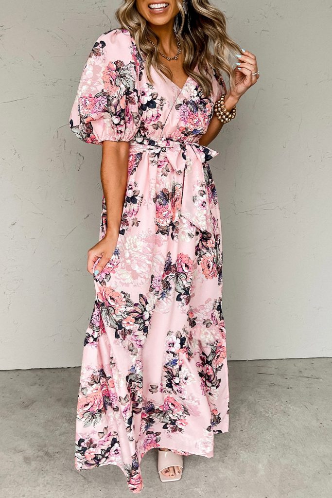 Women’s Floral Puff Sleeve High Waist Maxi Dress