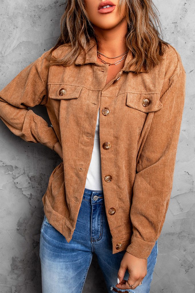 Khaki Ribbed Corduroy Long Sleeve Jacket With Pocket