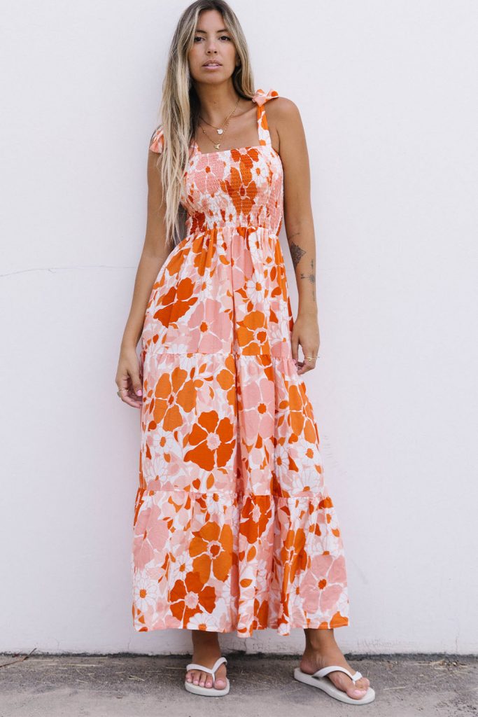 Women’s Shirred Lace-up Strap Sleeveless Floral Maxi Dress