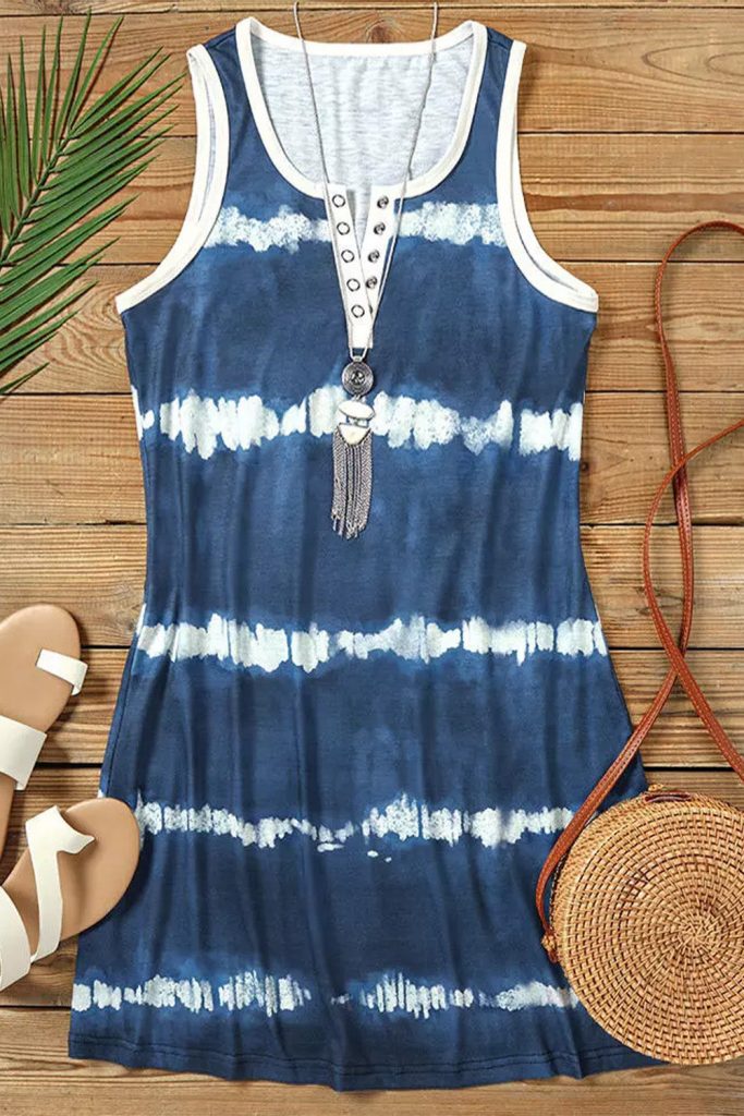 Women’s Tie Dye Striped Mini Dress With Notch V-Neck And Button Details