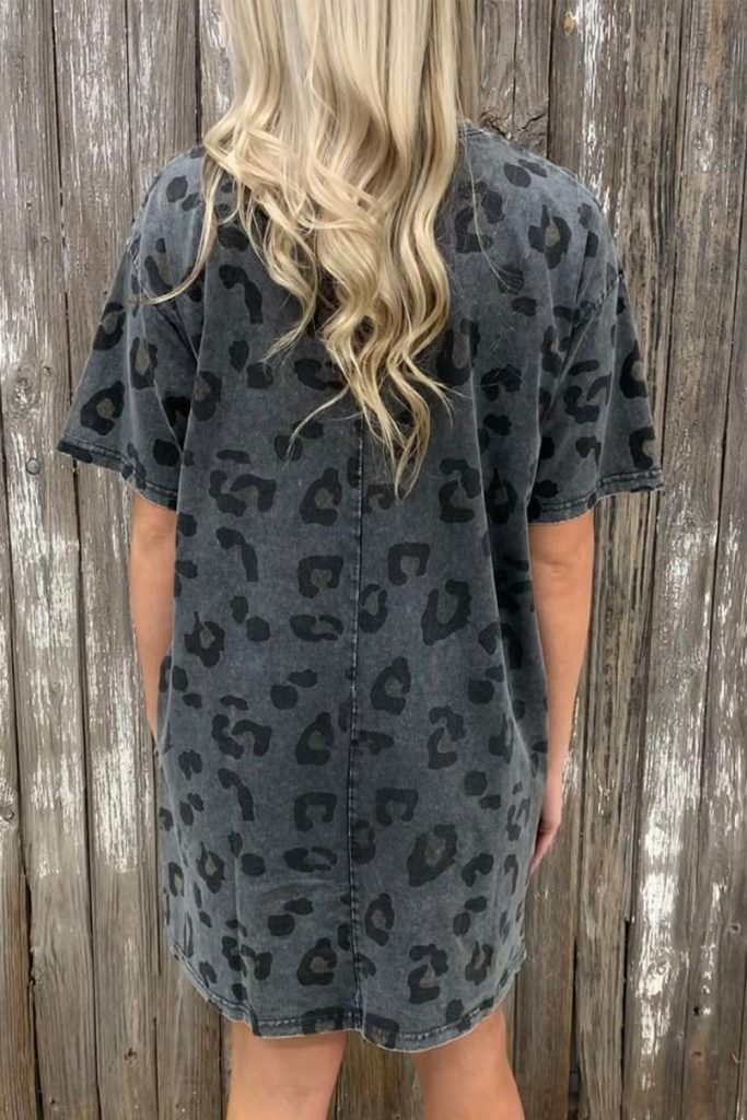 Women’s Vintage Washed Leopard T-Shirt Dress With Pockets