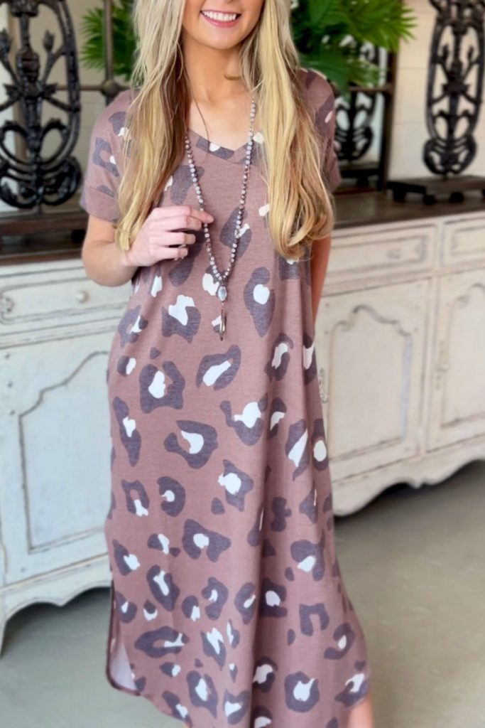 Women’s Print V Neck Long T-shirt Dress