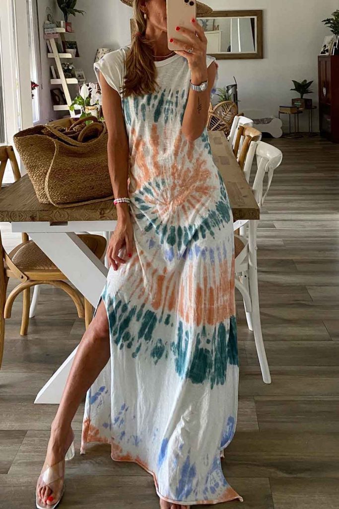 Women’s Cap Sleeve Tie Dye Long Slit Summer Dress