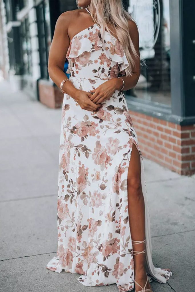 Women’s Floral Slit Ruffled Halterneck Maxi Dress