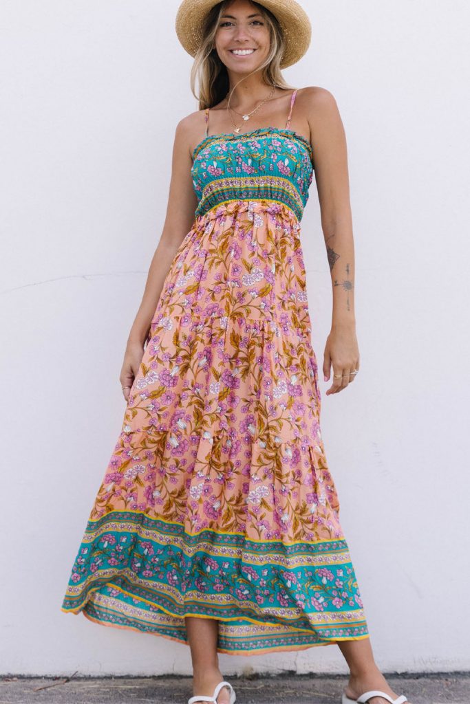 Women’s Floral Print Bodice Spaghetti Strap Maxi Dress