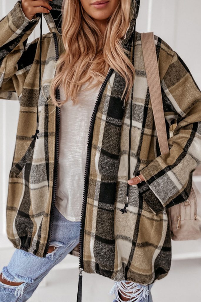 Brown Checkered Drawstring Hooded Zip-Up Jacket