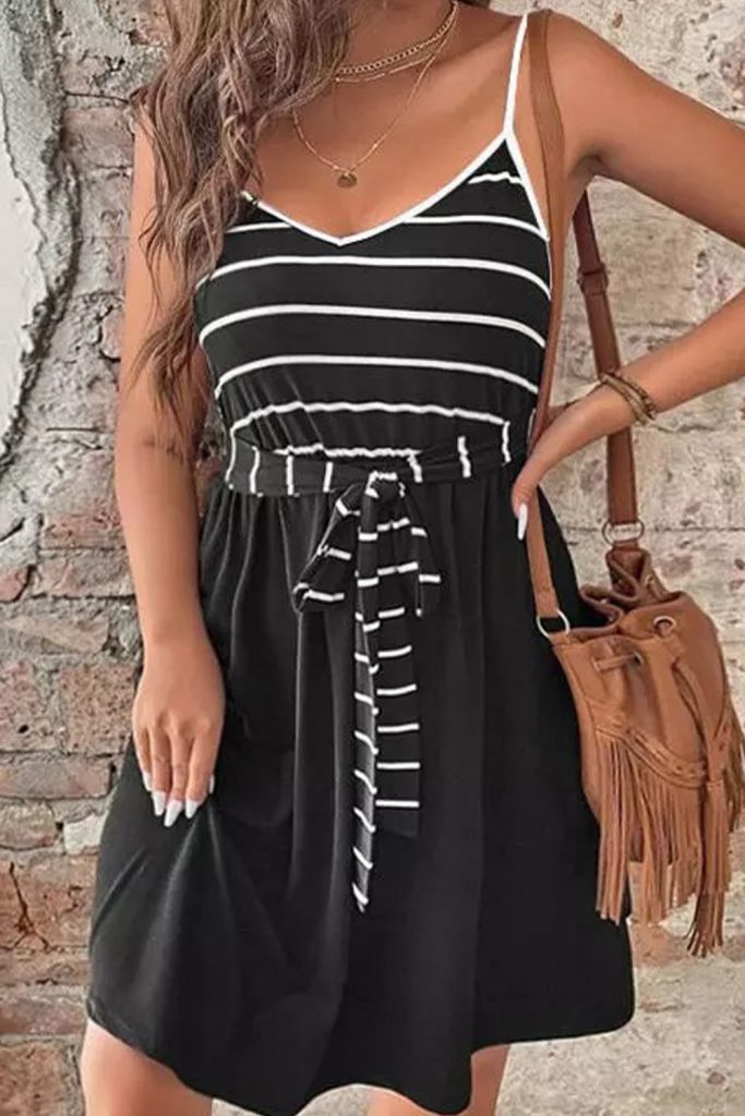 Women’s Spaghetti Straps Striped Cami Dress With Sash