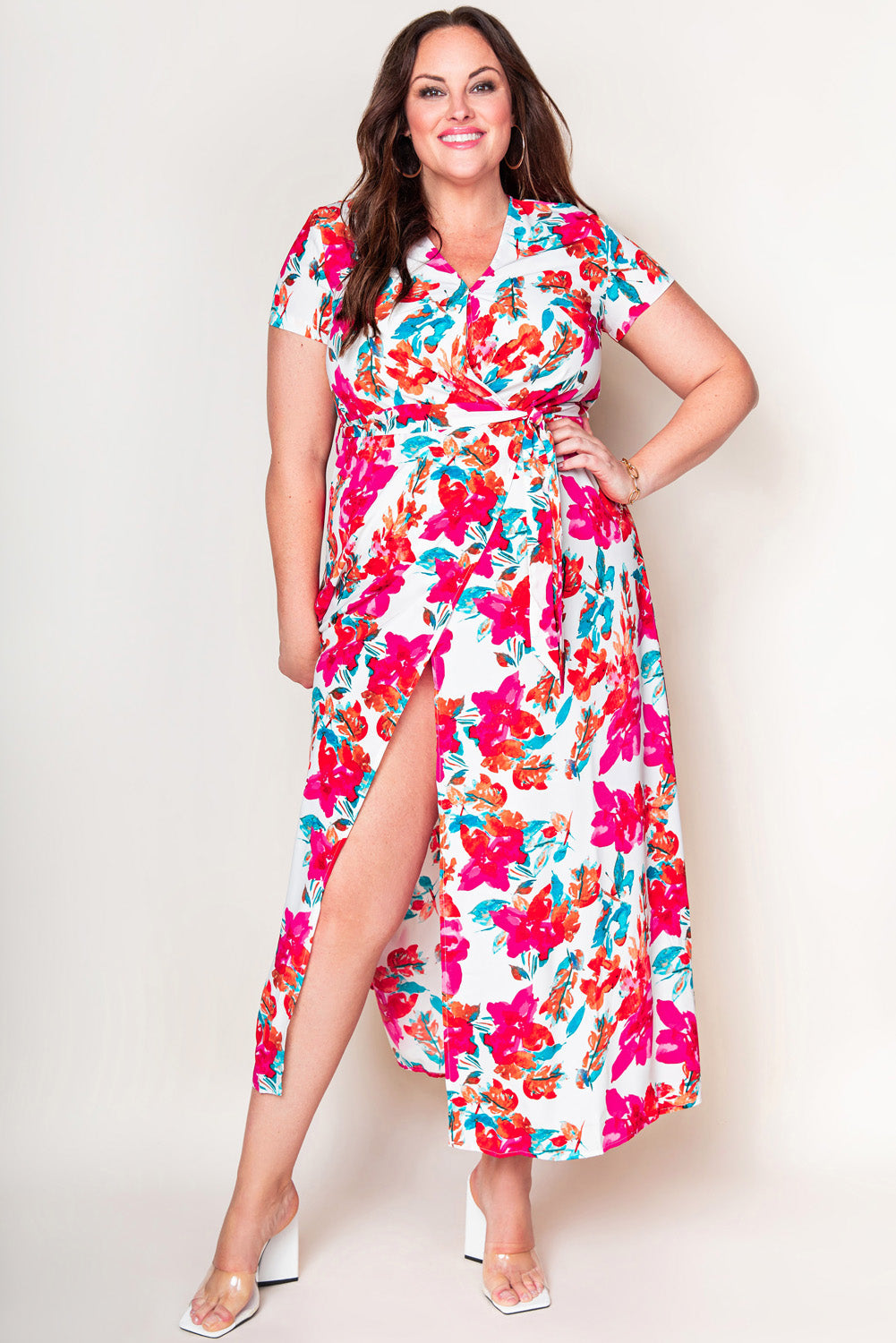 Women’s Plus Size Floral Print Wrap Slit Dress
