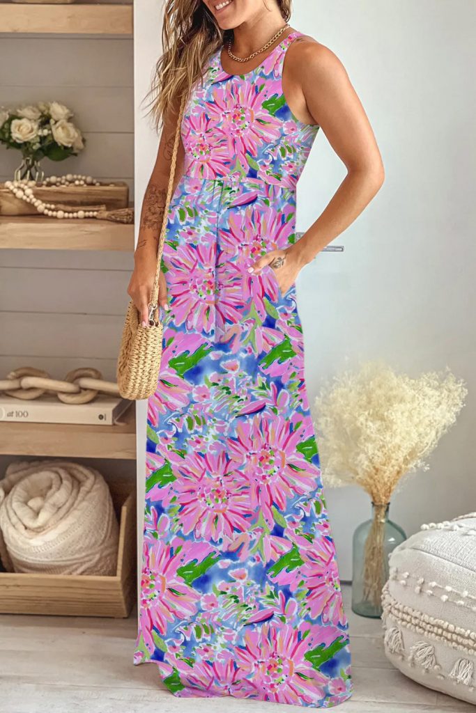 Women’s Sleeveless High Waist Pocketed Floral Maxi Dress