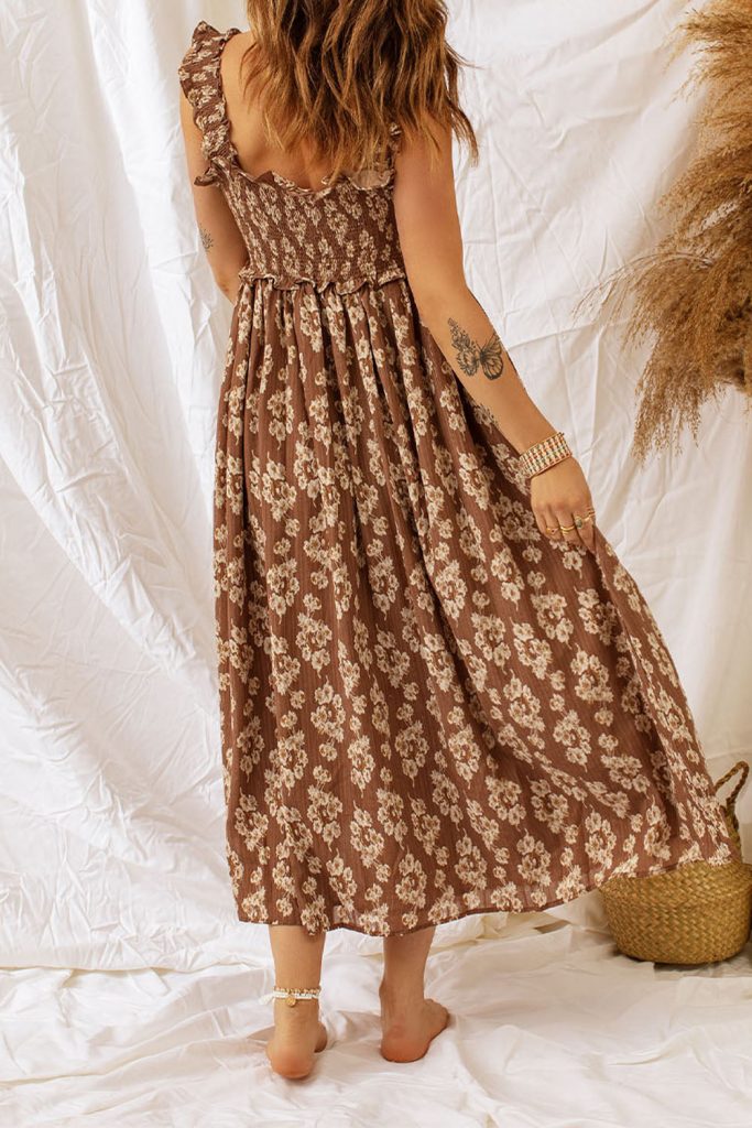 Women’s Ruffled Straps Smocked Floral Maxi Dress