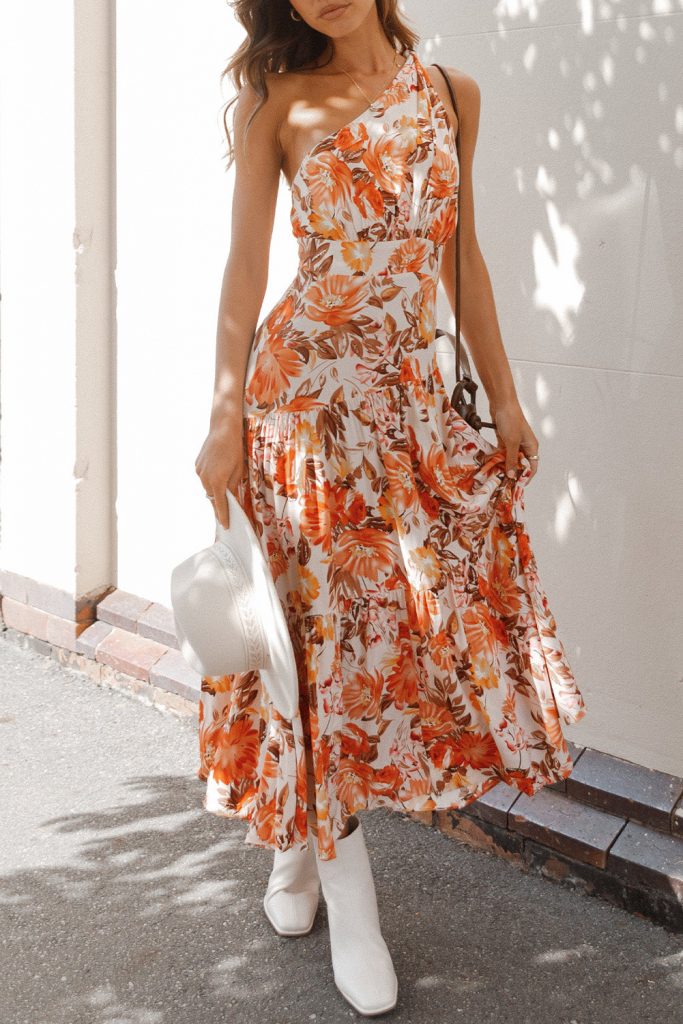 Women’s Floral Print Pleated One Shoulder High Waist Maxi Dress