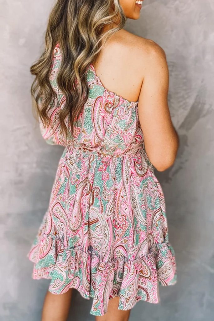 Women’s Paisley Print One Shoulder Lace-up High Waist Mini Dress