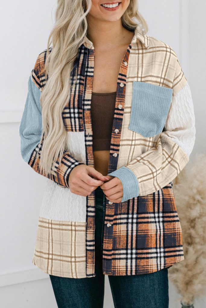 Blue Plaid Color Block Patchwork Shirt Jacket With Pocket