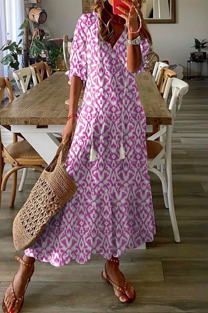 Women’s V Neck Casual Geometric Print Maxi Dress