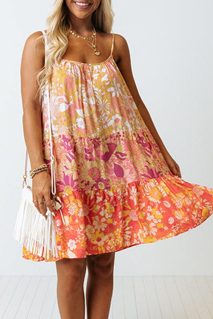 Women’s Floral Print Tiered Spaghetti Straps Shift Dress