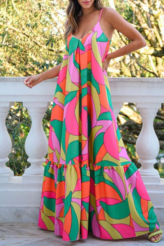 Women’s Multicolor Boho Geometric Print Sleeveless Maxi Dress