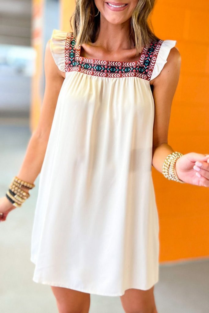 Women’s Beige Frill Embroidered Square Neck Shift Dress