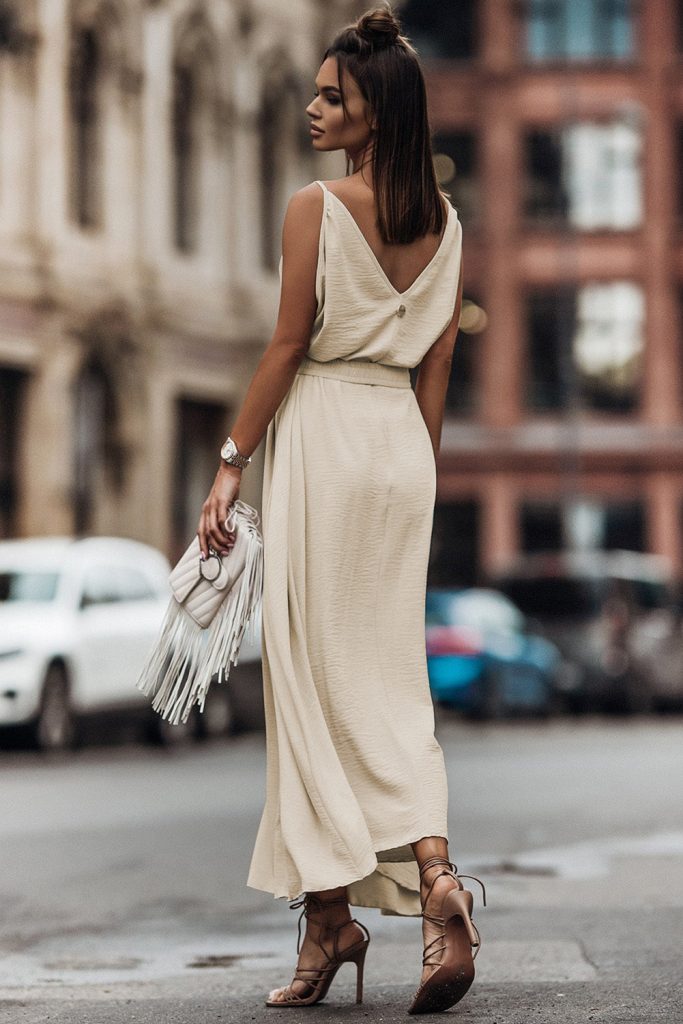 Women’s V Neck Sleeveless Maxi Dress With Elastic Belt